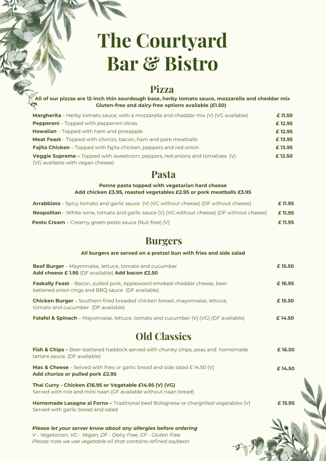 Bar & Bistro Main Menu