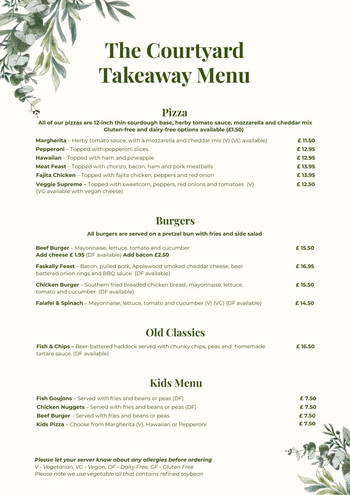 Courtyard Takeaway Menu